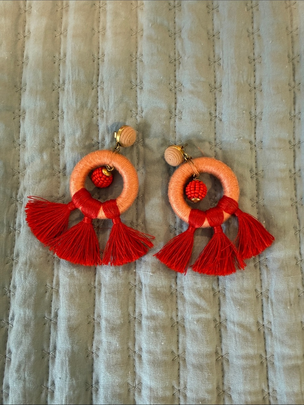 Vineyard Vines Coral and Red Tassel Hoop Earrings